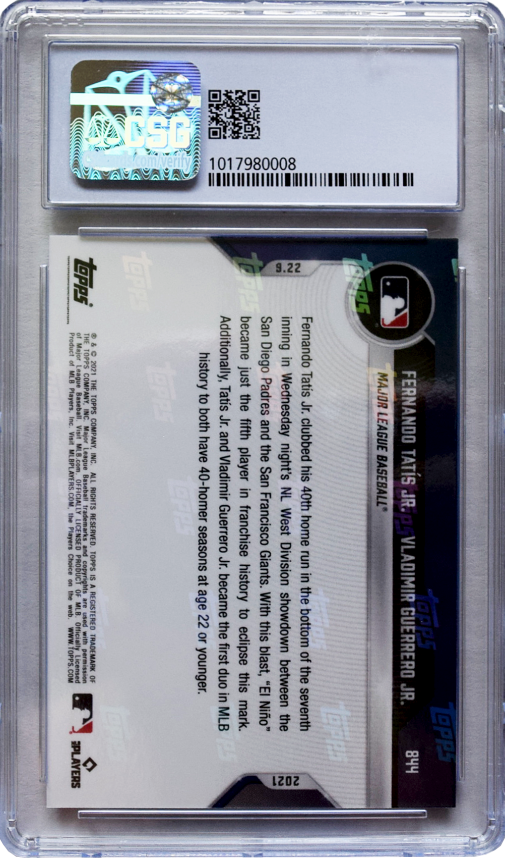 2021 Topps - Now - #844 Tatis Jr./Guerro Jr. Blue CSG 8.5 NM-Mint+