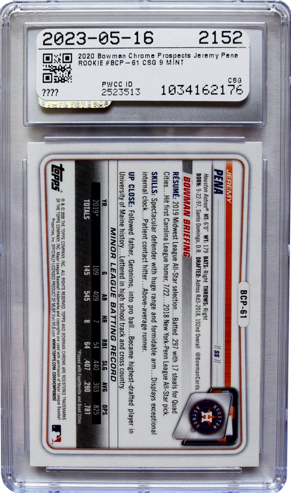 2020 Bowman - Chrome Prospects - #BCP-61 Jeremy Pena CSG 9 Mint