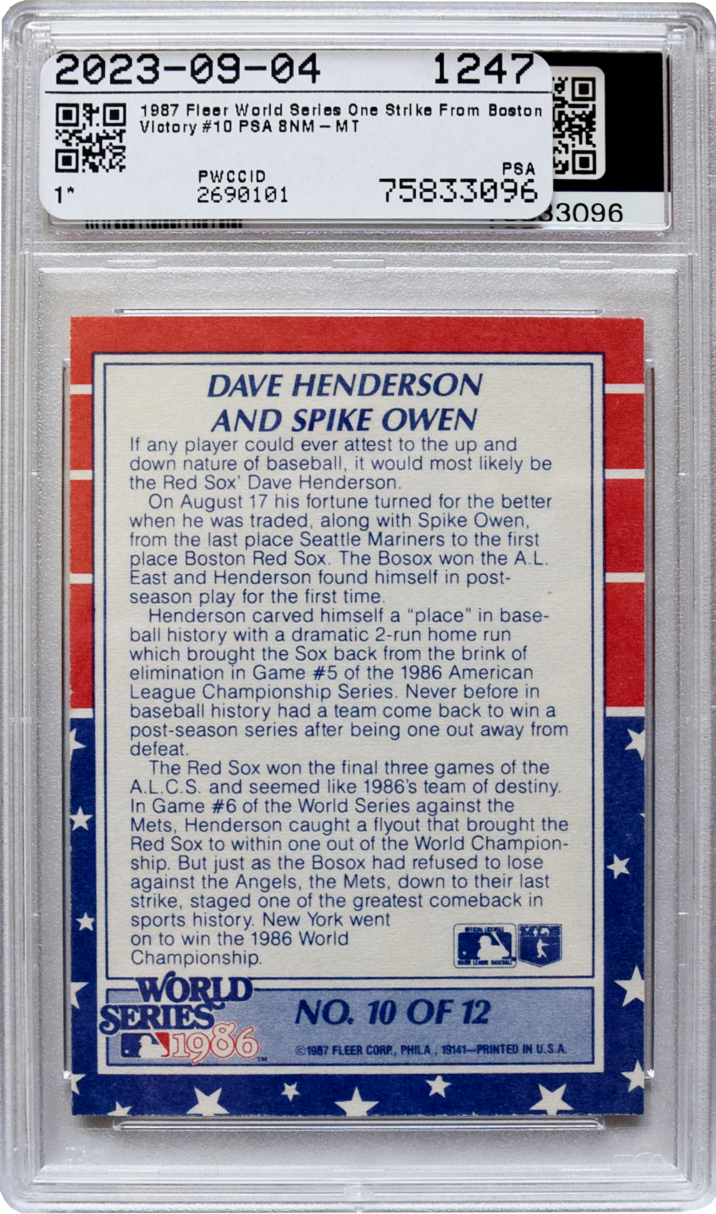 1987 Fleer - World Series - #10 One Strike From Boston Victory PSA 8 NM-MT