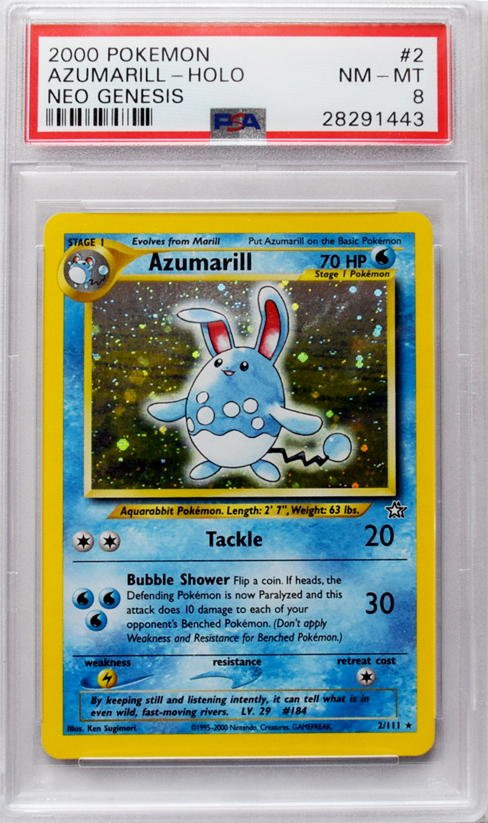 2000 Pokemon Neo Genesis - Azumarill (#2) - Holo - PSA 8 NM-MT