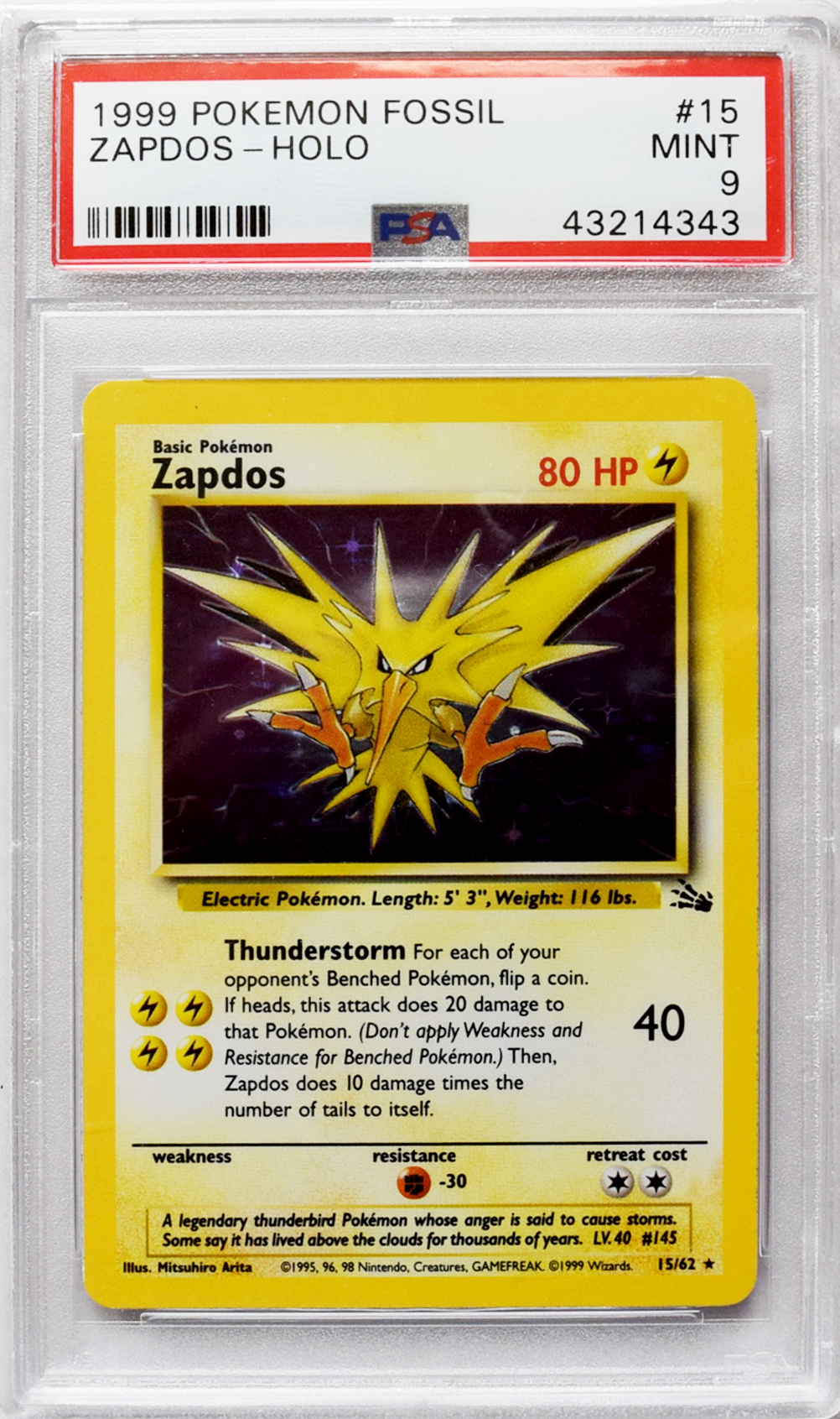 1999 Pokemon Fossil - Zapdos (#15) - Holo - PSA 9 MINT