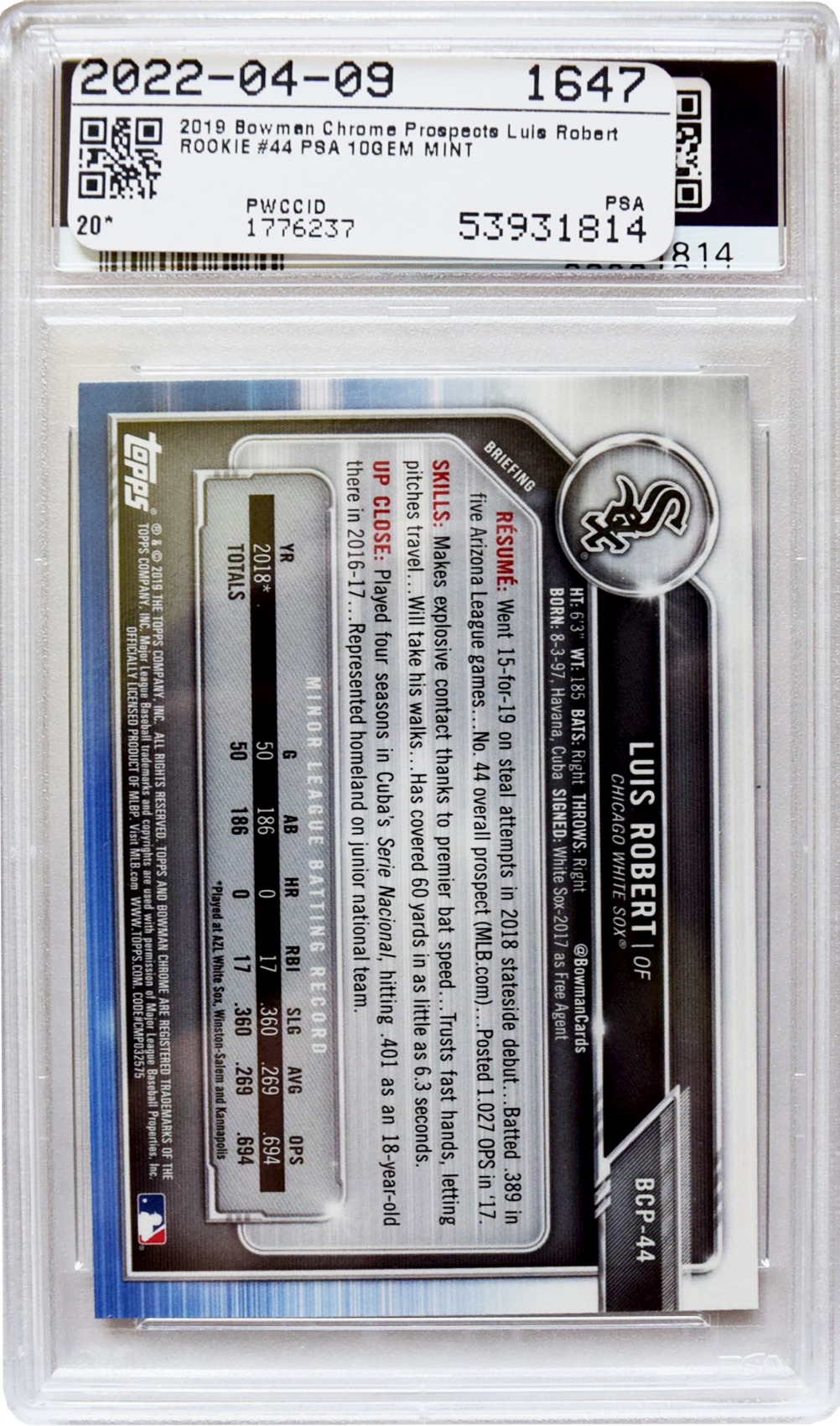 2019 Bowman - Prospects Chrome - #44 Luis Robert PSA 10 GEM MT