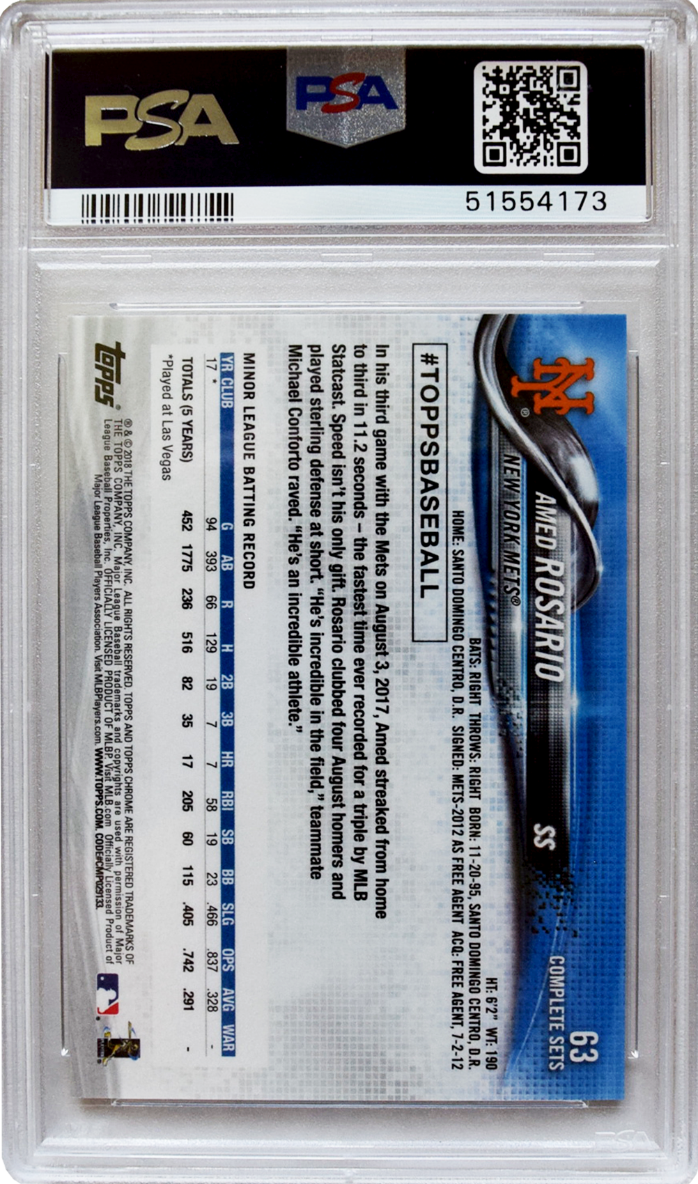 2018 Topps - Chrome - #63 Amed Rosario PSA 10 GEM MT