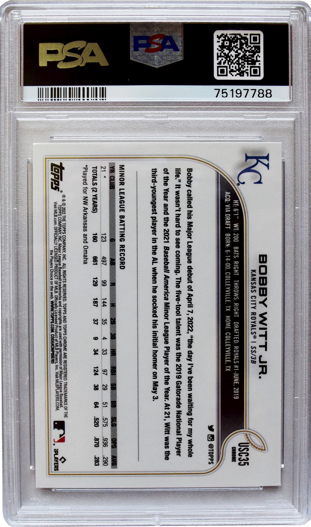 2022 Topps - Chrome UPD. - #USC35 Bobby Witt Jr. PSA 5 EX