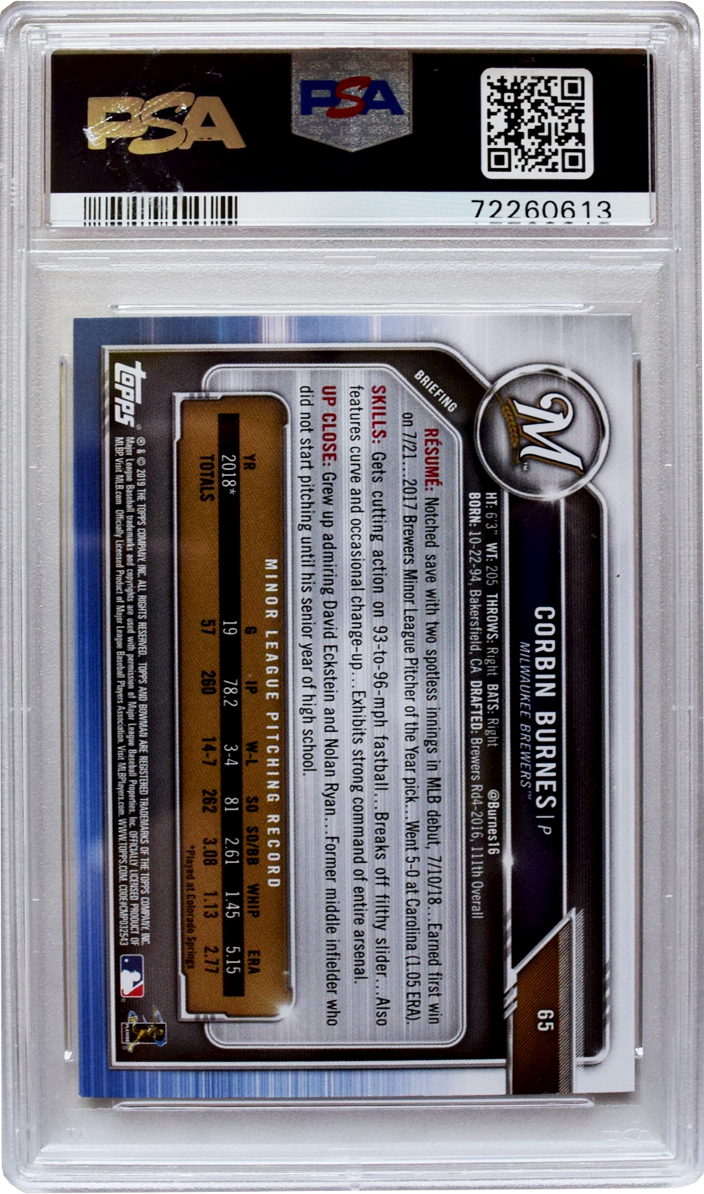 2019 Bowman - #65 Corbin Burnes PSA 9 MINT