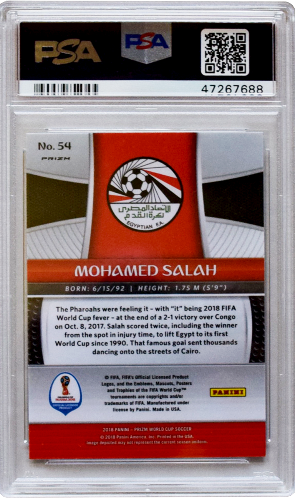 2018 Panini Prizm W/C - #54 Mohamed Salah - Lazer Prizm - PSA 10 GM Gem Mint
