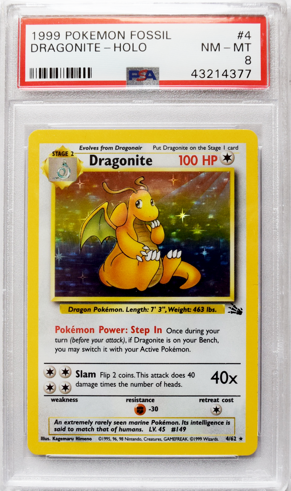 1999 Pokemon Fossil - Dragonite (#4) - Holo - PSA 8 NM-MT
