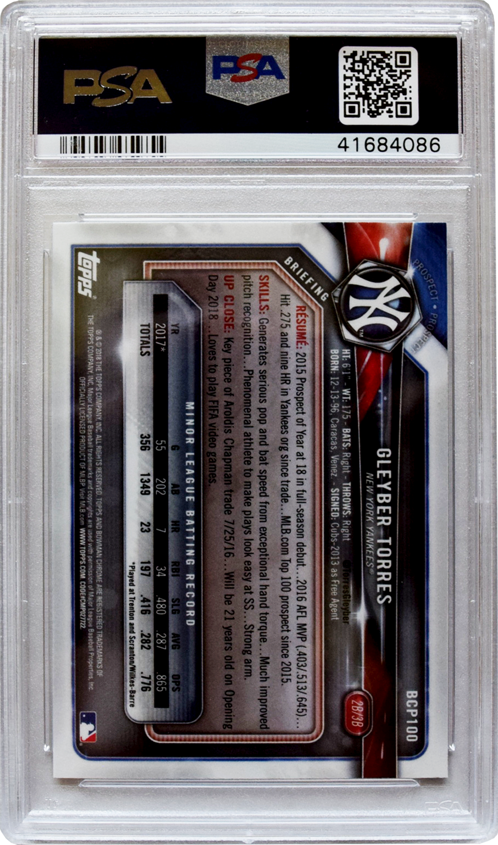 2018 Bowman - Mega Box - #BCP100 Gleyber Torres Chrome - Gray Jersey PSA 10 GEM MT