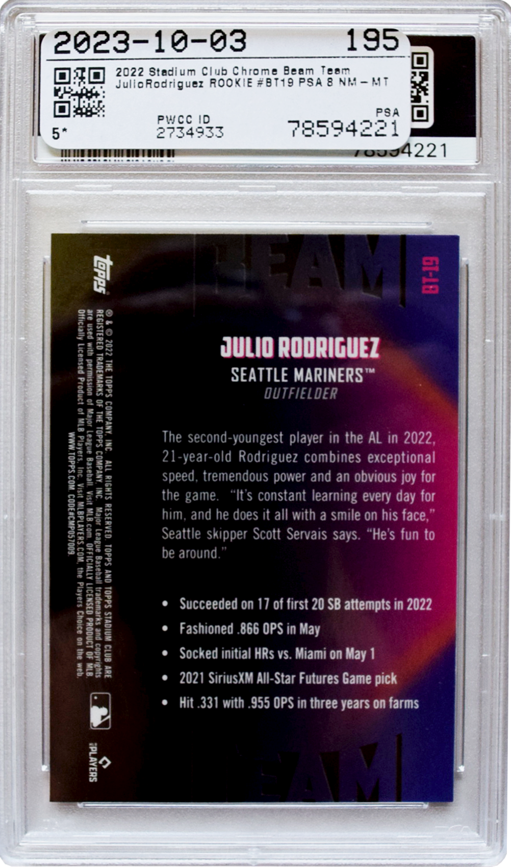 2022 Stadium Club Chrome - Beam Team - #BT19 Julio Rodriguez PSA 8 NM-MT