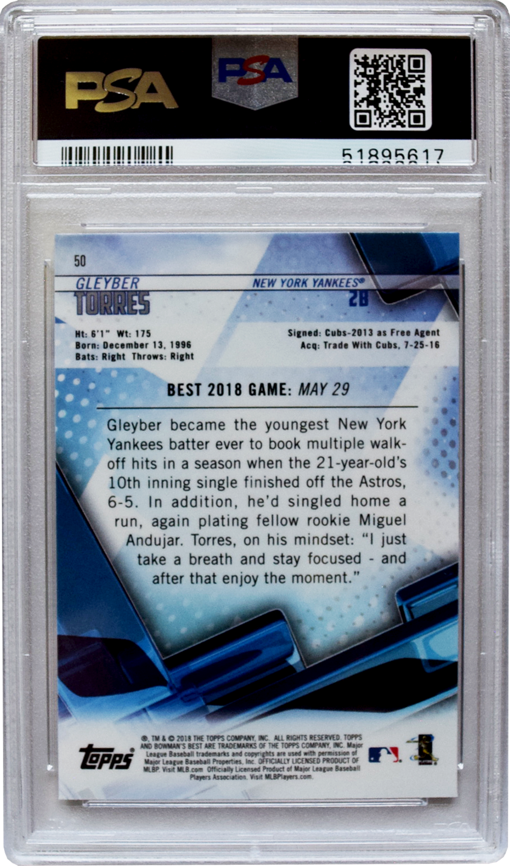 2018 Bowman's Best - #50 Gleyber Torres PSA 9 MINT