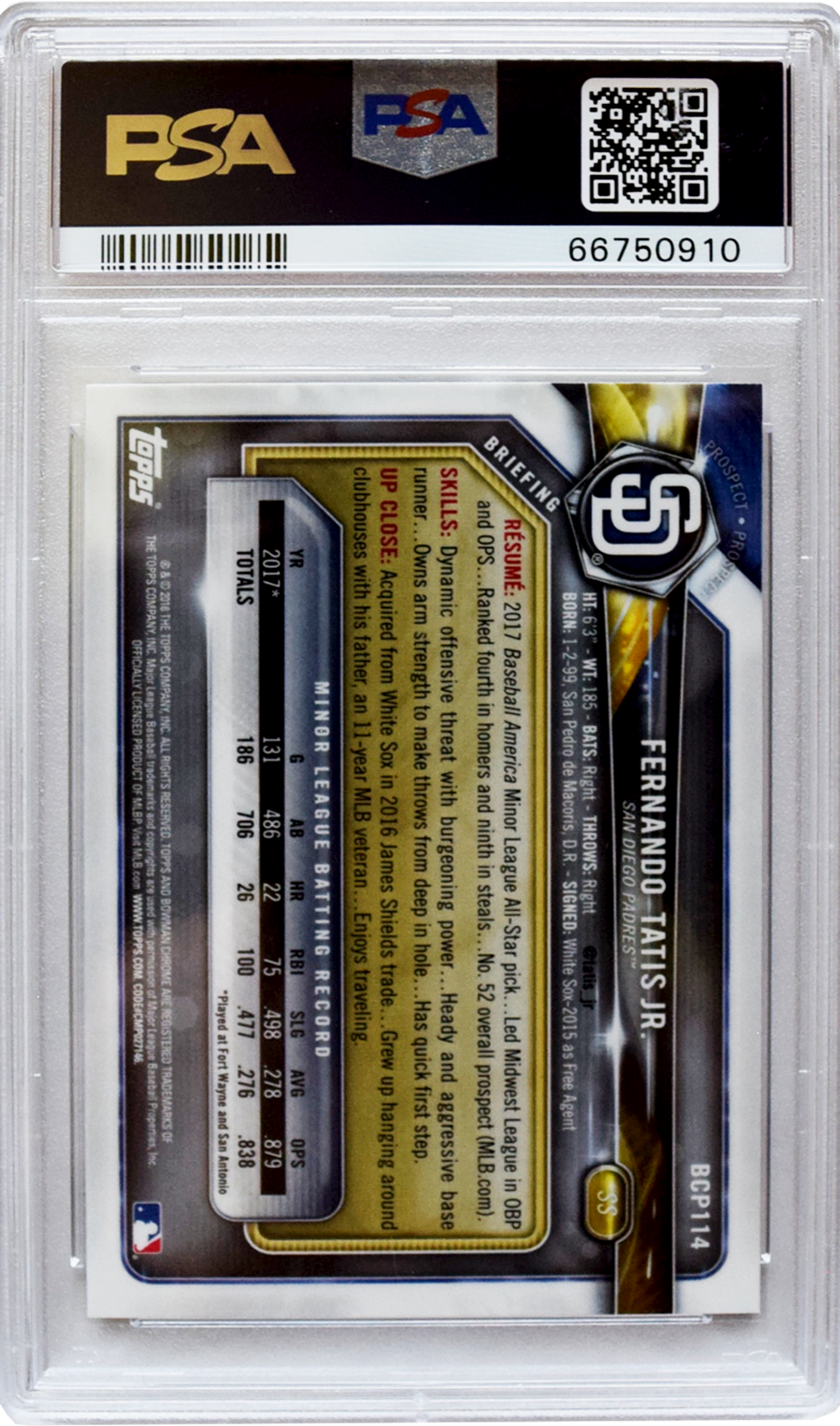 2018 Bowman - Prospects Chrome - #114 Fernando Tatis Jr. PSA 9 MINT