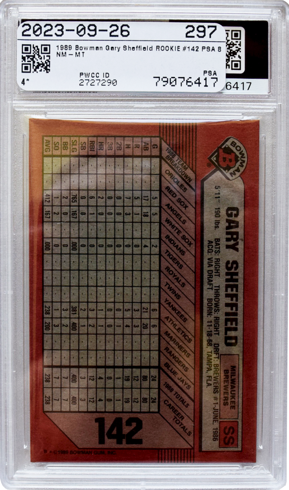 1989 Bowman - #142 Gary Sheffield PSA 8 NM-MT