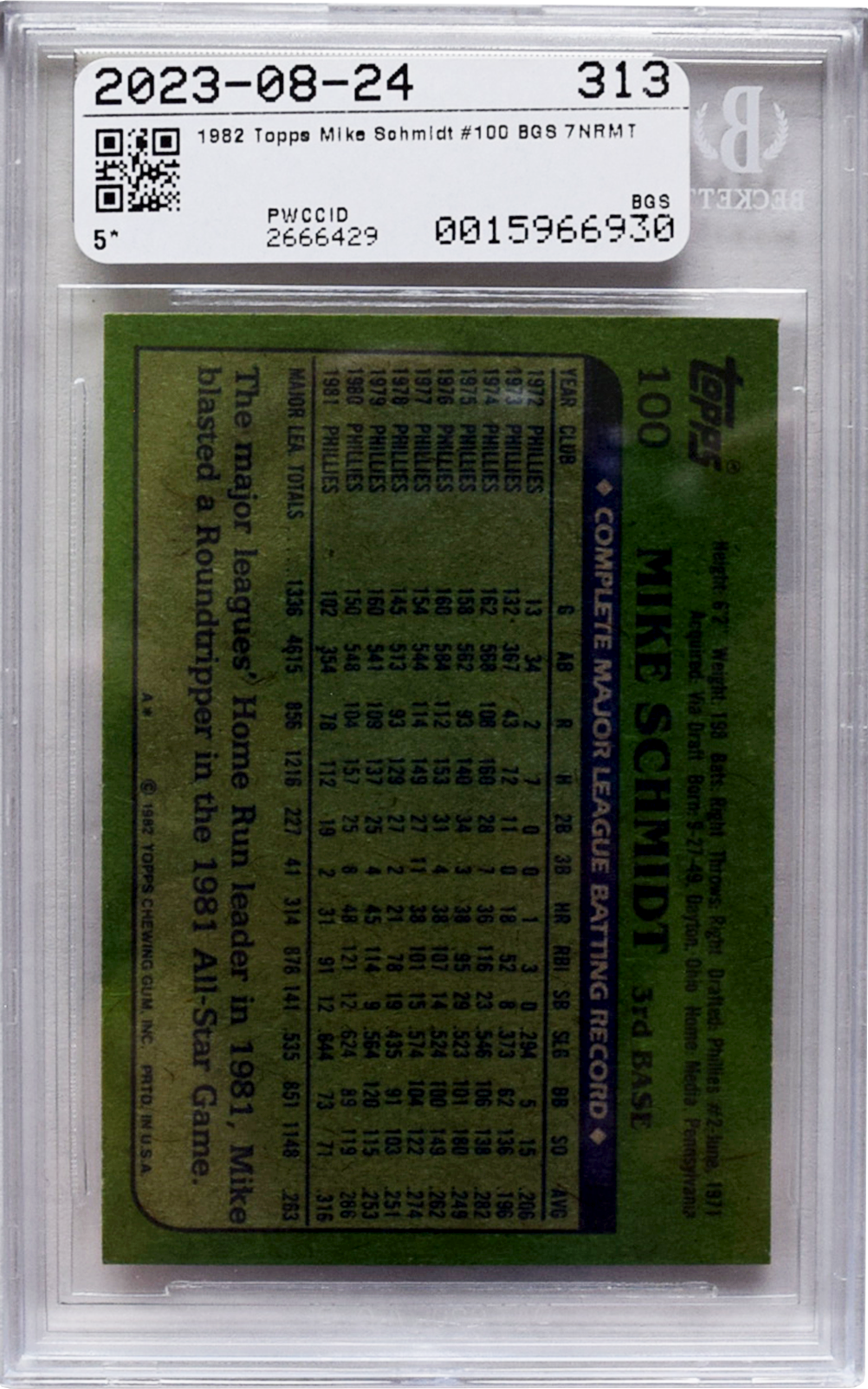 1982 Topps - #100 Mike Schmidt BGS 7 NEAR MINT