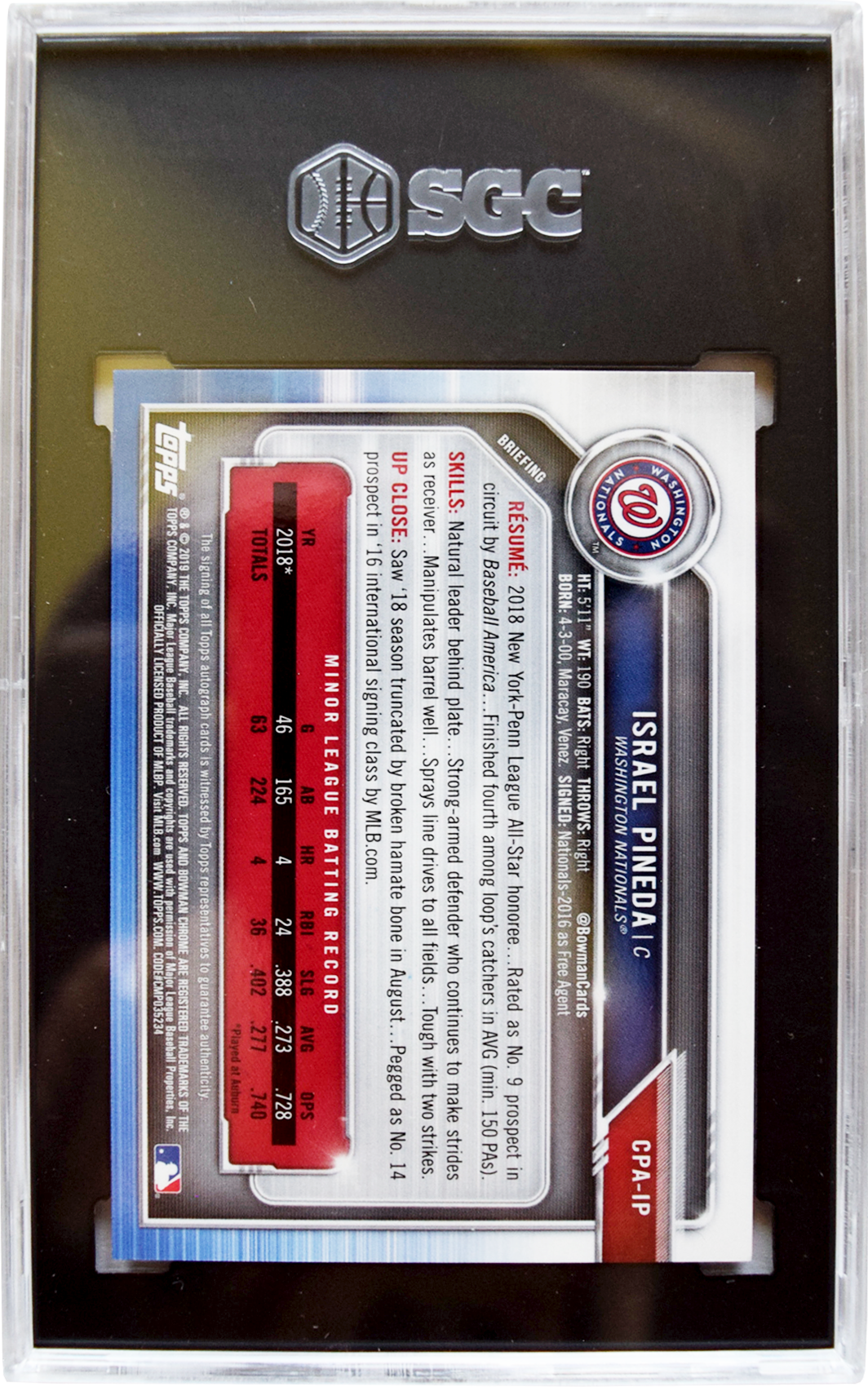 2019 Bowman - Chrome Prospects - #CPA-IP Israel Pineda Autographed SGC 9.5 MT+