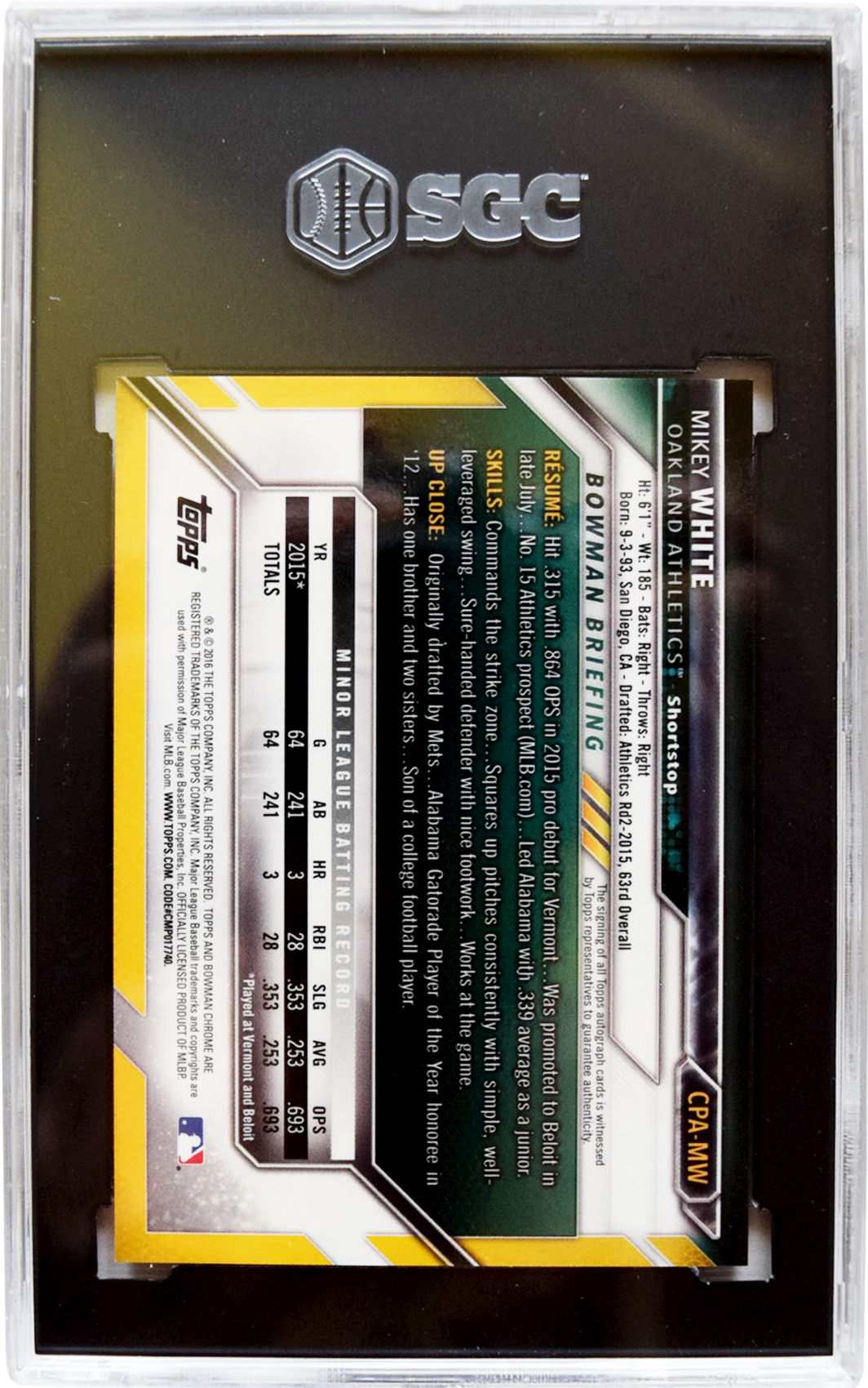 2016 Bowman - Chrome Prospects - #CPA-MW Mikey White Autographed SGC 9 MT