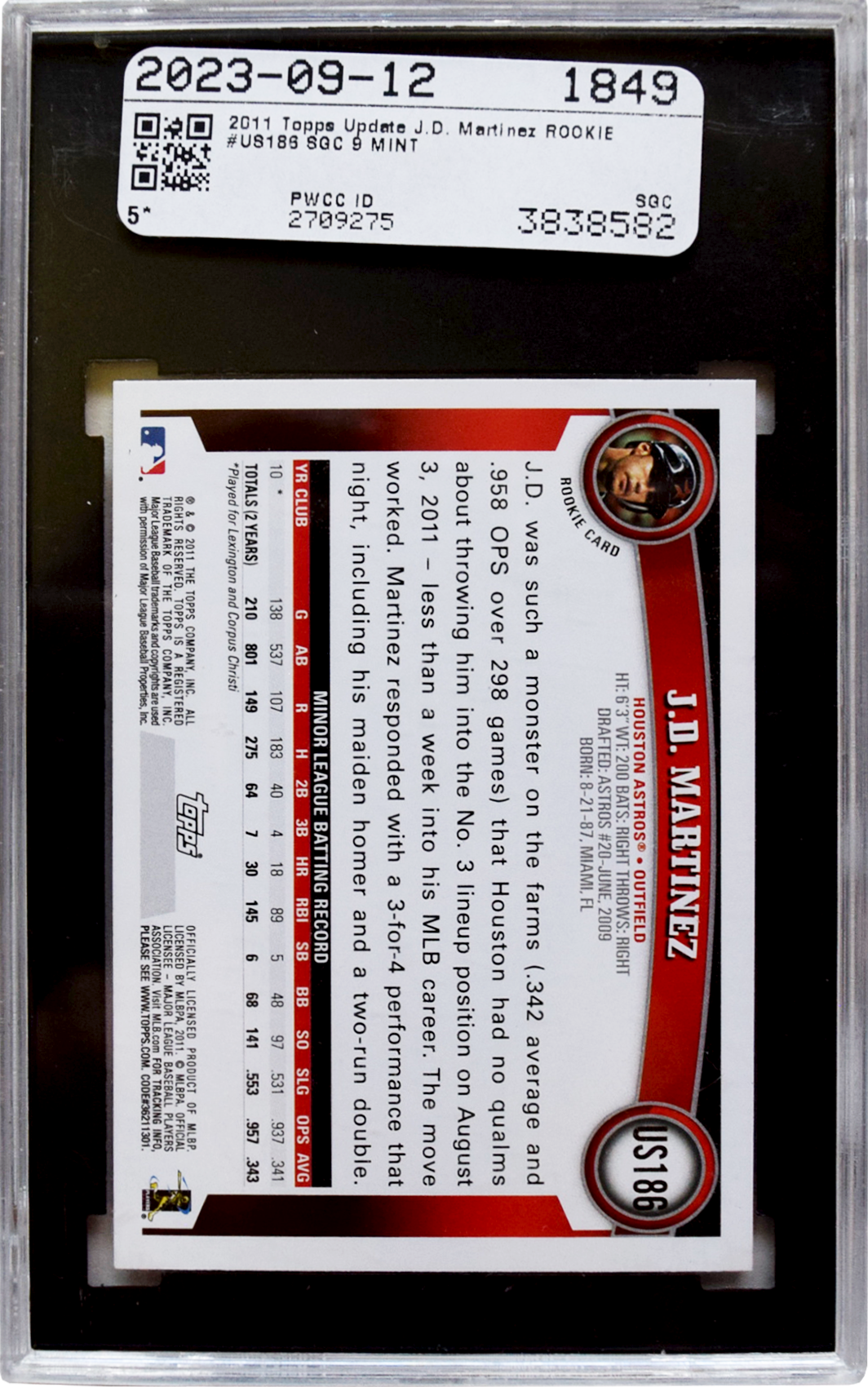 2011 Topps - Update - #US186 J.D. Martinez SGC 9 MT