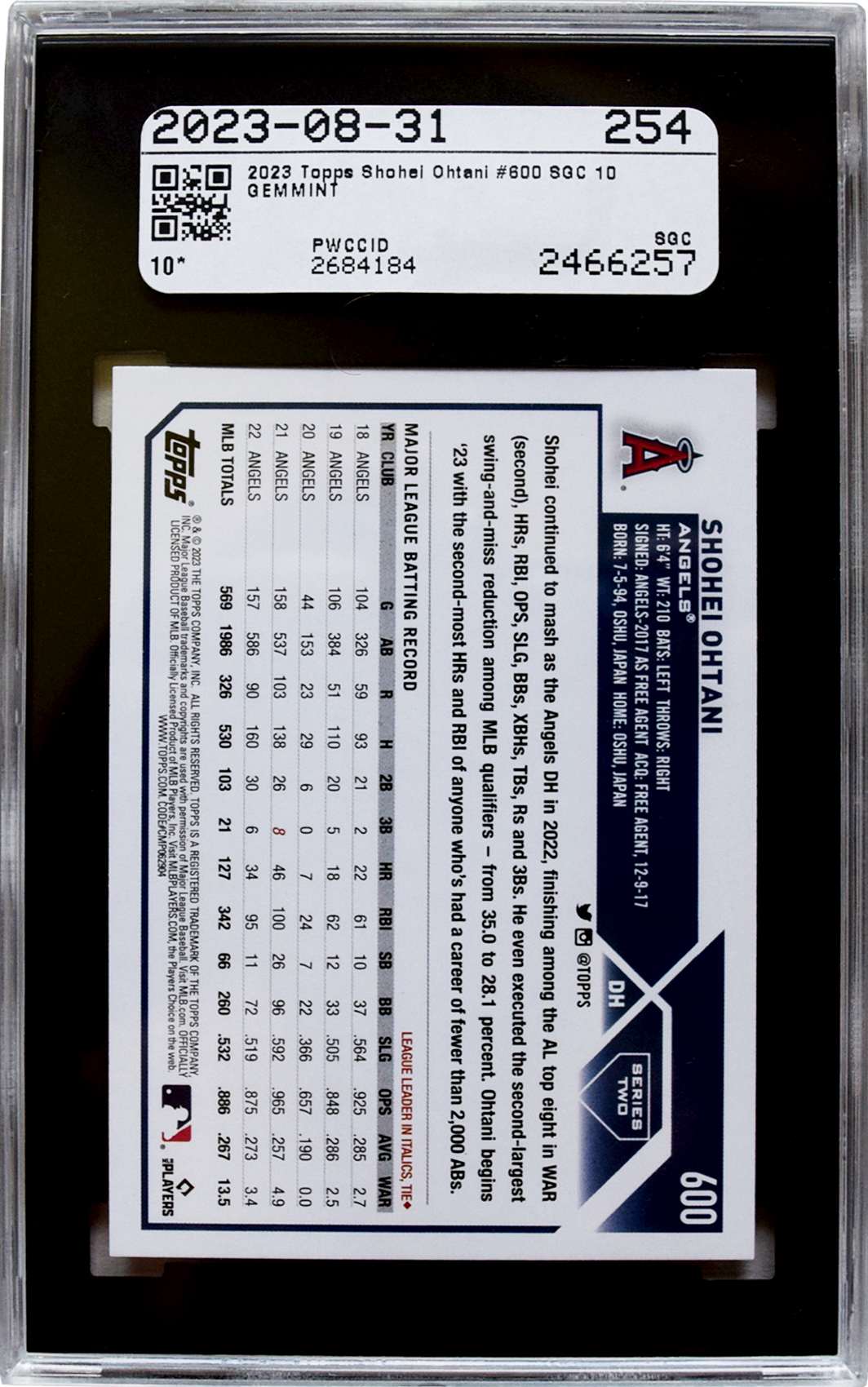 2023 Topps - #600 Shohei Ohtani SGC 10 GM
