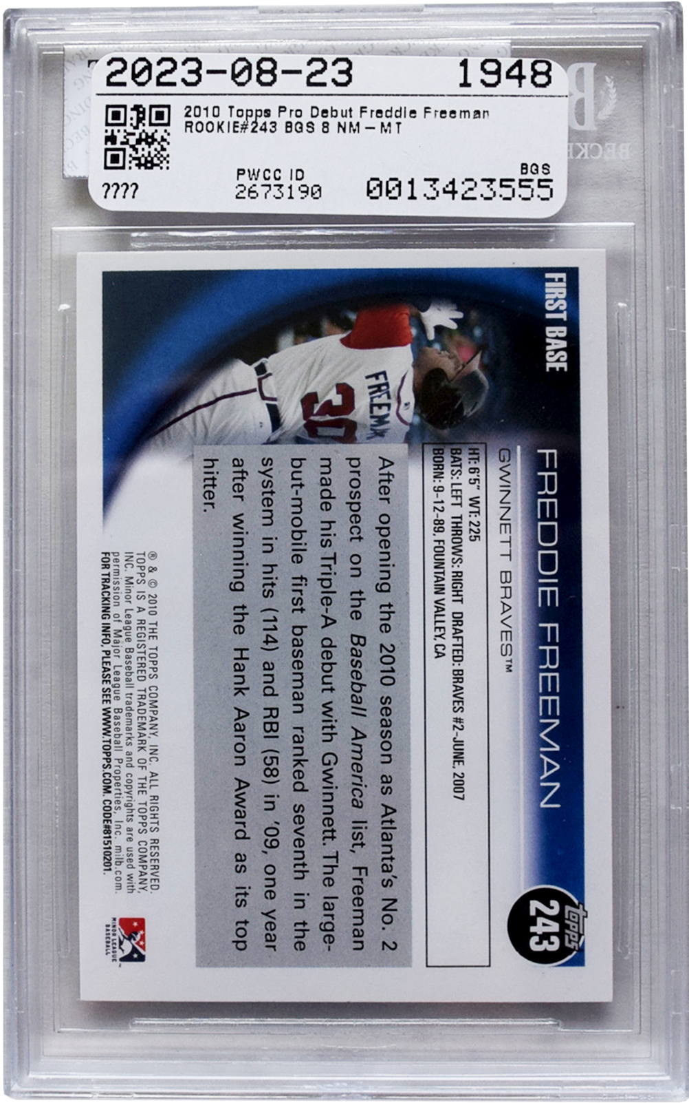 2010 Topps - Pro Debut - #243 Freddie Freeman BGS 8 NM-MT