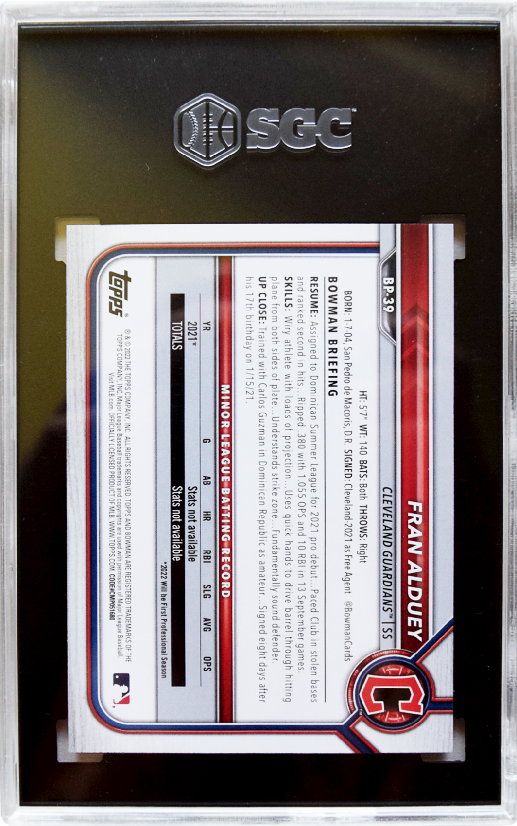 2022 Bowman - Prospects - #BP-39 Fran Alduey Purple /250 SGC 9 MT