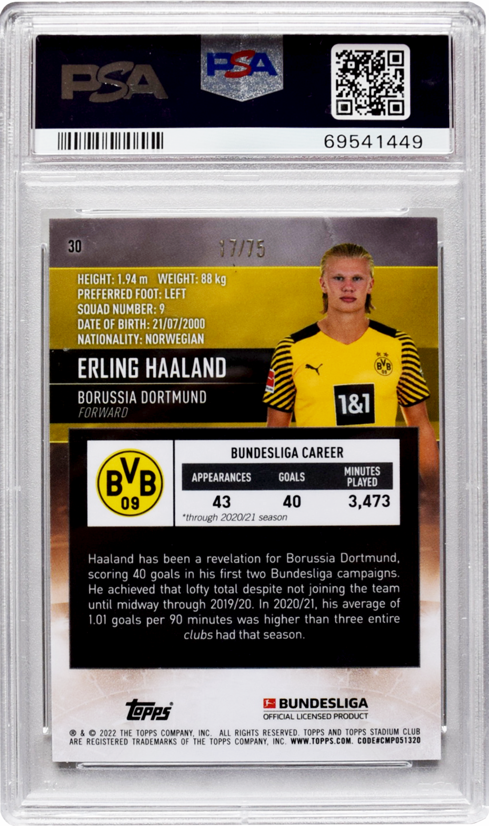 2020-21 トップス スタジアム クラブ クローム | #30 アーリング ハーランド グリーン/イエロー チャージ /75 PSA 9 MINT