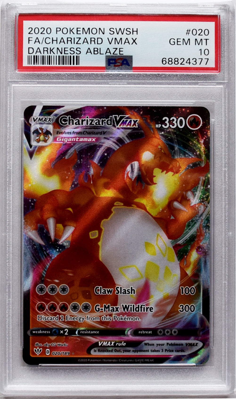 2020 Pokemon TCG FA/Charizard VMAX #020 - Holo | Kegelapan Menyala | PSA 10 PERMATA PINA