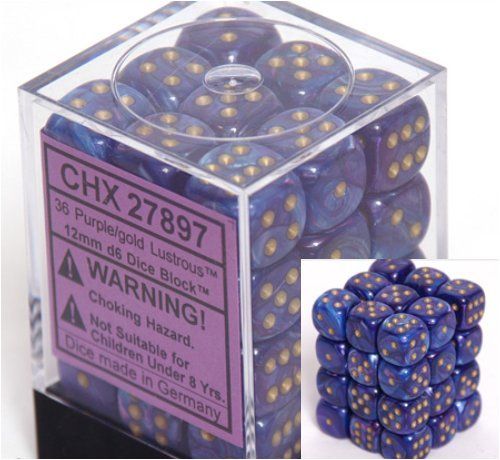 Chessex Lustrous 12mm d6 Purple/Gold Block (36)