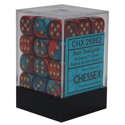 Chessex Gemini 12mm d6 Blok Merah Teal/Emas (36)