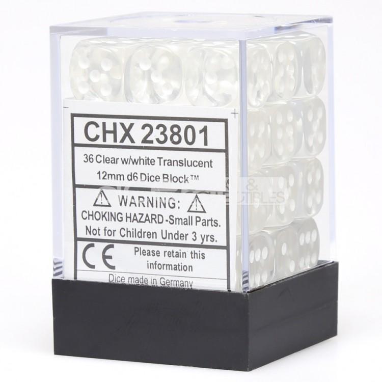 Chessex Translucent 12mm d6 Clear/White Block (36)