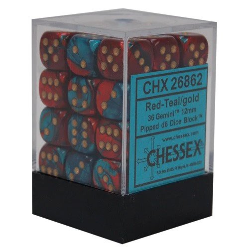 Chessex Gemini 12mm d6 Blok Merah Teal/Emas (36) 